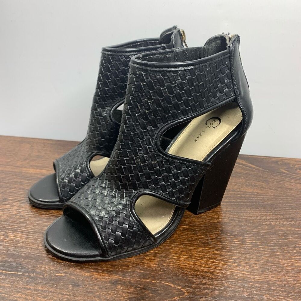C est 1946 Women's Leather Zip Up Open Toe Ankle Block Heel Boots Black Size 6